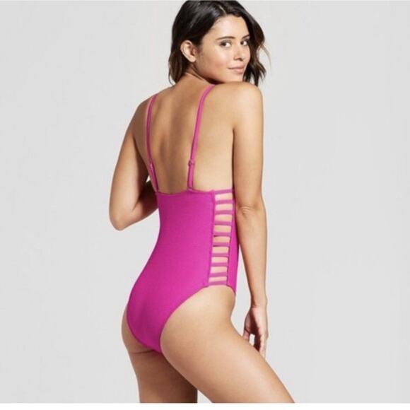 Xhilaration Mesh One Piece Swimsuit Swimwear Bathing Strappy Ladder Sides Pink S - Picture 1 of 16